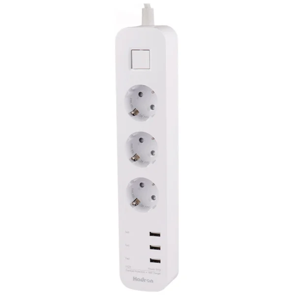 چند راهی 3 خانه ارت دار هادرون P323 با کابل 1.8 متری + شارژر USB