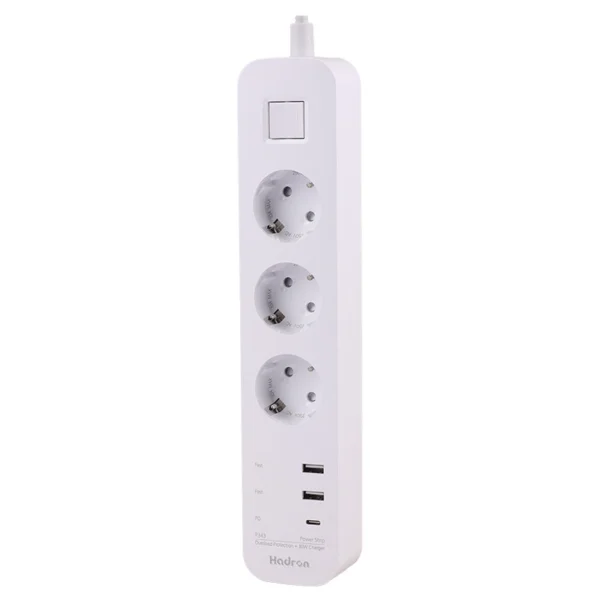 چند راهی 3 خانه ارت دار هادرون P343 با کابل 1.8 متری + شارژر USB و Type-C