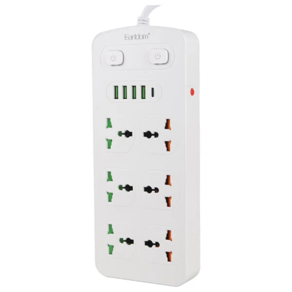 چند راهی 6 خانه ارت دار ارلدام ES-SC09 با کابل 2 متری + شارژر USB و Type-C