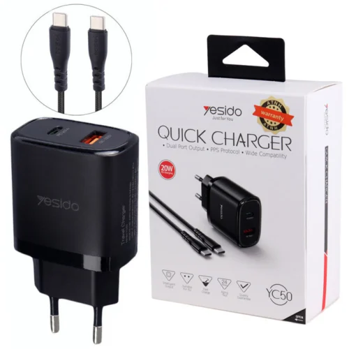 شارژر دیواری 20 وات یسیدو YC50 QC3.0 PD 3A + کابل تبدیل تایپ سی