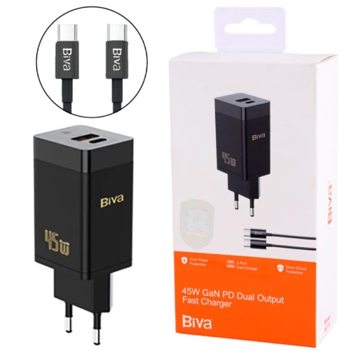 شارژر دیواری 45 وات بیوا HC-15 GaN QC3.0 PD 3A + کابل تبدیل تایپ سی