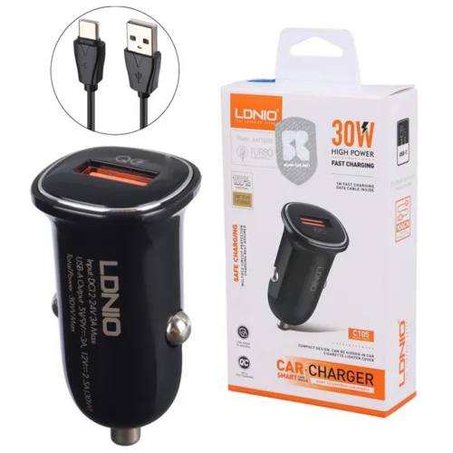 شارژر فندکی فست شارژ Ldnio C105 3A QC3.0 30W + کابل تایپ سی