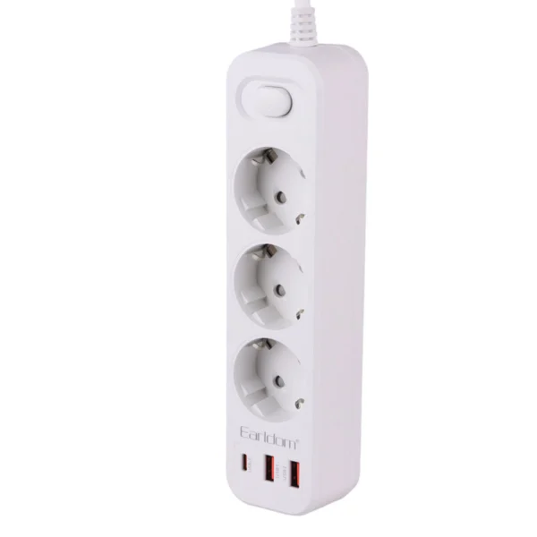 چند راهی 3 خانه ارت دار ارلدام ES-SC13 با کابل 2 متری + شارژر USB و Type-C