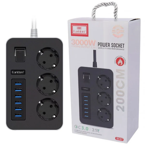 چند راهی 3 خانه ارلدام ES-SC07 با کابل 2 متری + شارژر USB