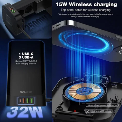 چند راهی و شارژر وایرلس الدینیو SEW4485 با کابل 2 متری + شارژر USB و Type-C