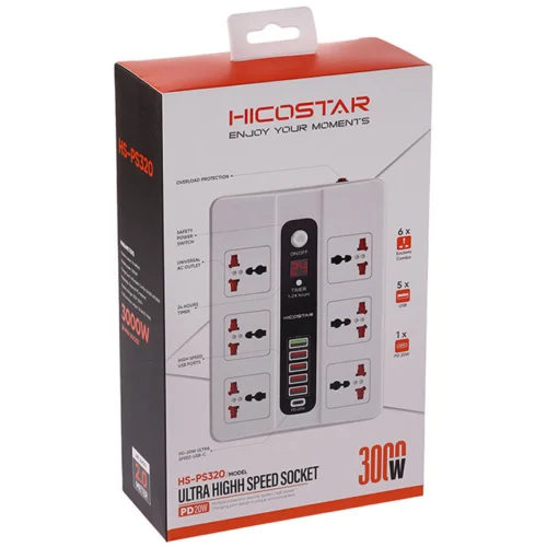 چند راهی 6 خانه هایکو استار HS-PS320 با کابل 2 متری + شارژر USB و Type-C