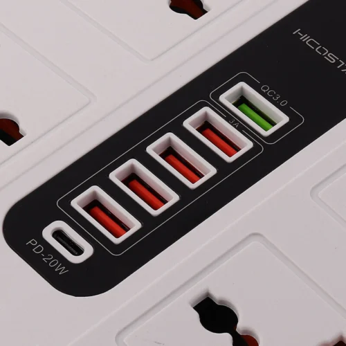 چند راهی 6 خانه هایکو استار HS-PS320 با کابل 2 متری + شارژر USB و Type-C