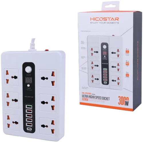 چند راهی 6 خانه هایکو استار HS-PS320 با کابل 2 متری + شارژر USB و Type-C