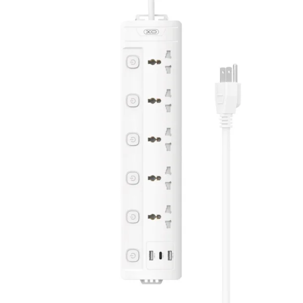 چند راهی 5 خانه ارت دار ایکس او XO-WL19 با کابل 2 متری + شارژر USB و Type-C