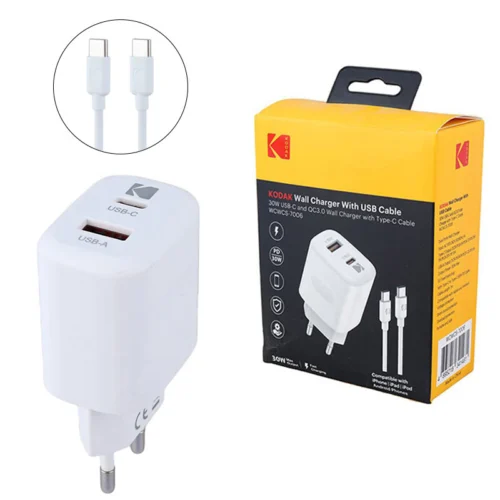 شارژر دیواری 30 وات کداک WCWCS-7006 QC3.0 PD 3A + کابل Type-C