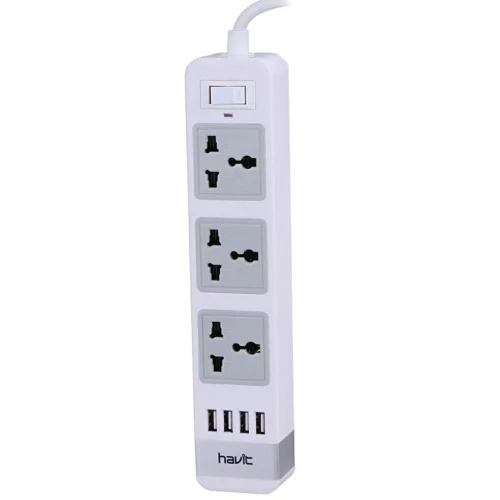 چند راهی 3 خانه ارت دار هویت HV-SP8803 با کابل 2 متری + شارژر USB پک ضعیف