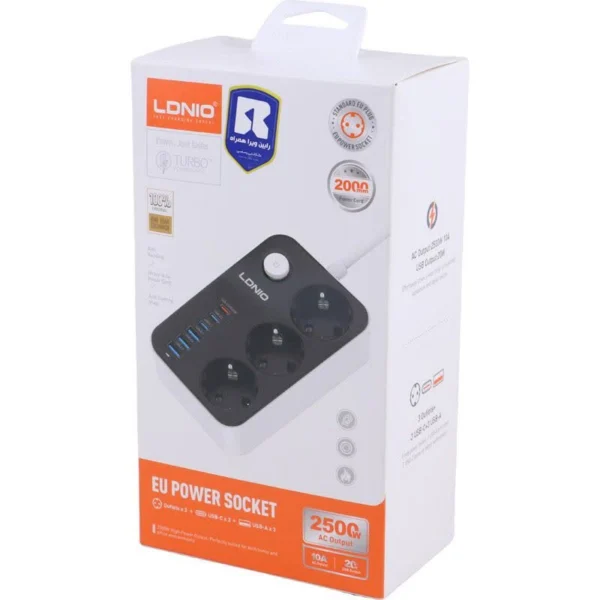 چند راهی 3 خانه ارت دار الدینیو SE3631C با کابل 2 متری + شارژر USB و Type-C