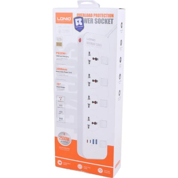 چند راهی 4 خانه ارت دار الدینیو SC4408C با کابل 2 متری + شارژر USB و Type-C - تصویر 2
