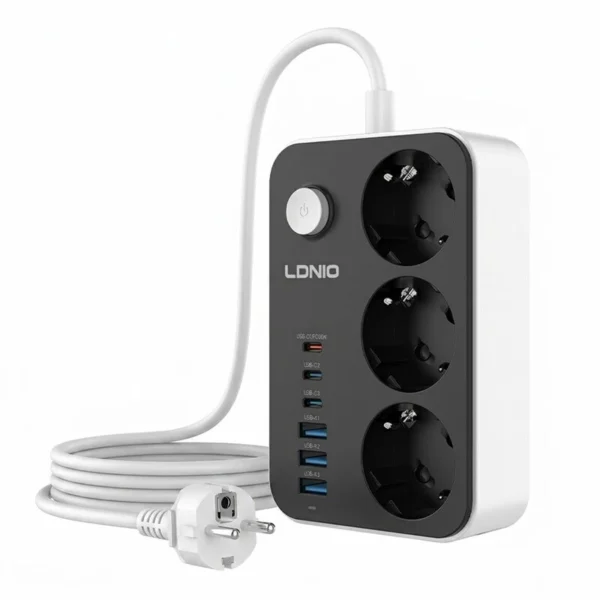 چند راهی 3 خانه ارت دار الدینیو SE3631C با کابل 2 متری + شارژر USB و Type-C