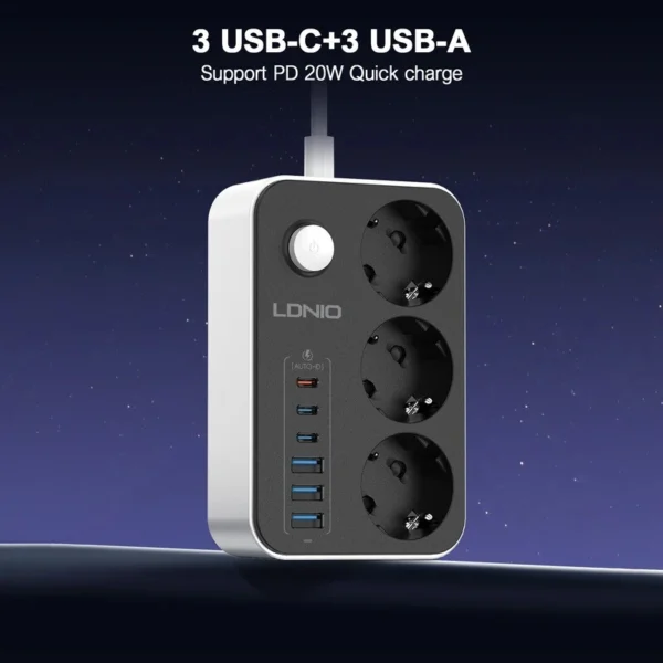 چند راهی 3 خانه ارت دار الدینیو SE3631C با کابل 2 متری + شارژر USB و Type-C