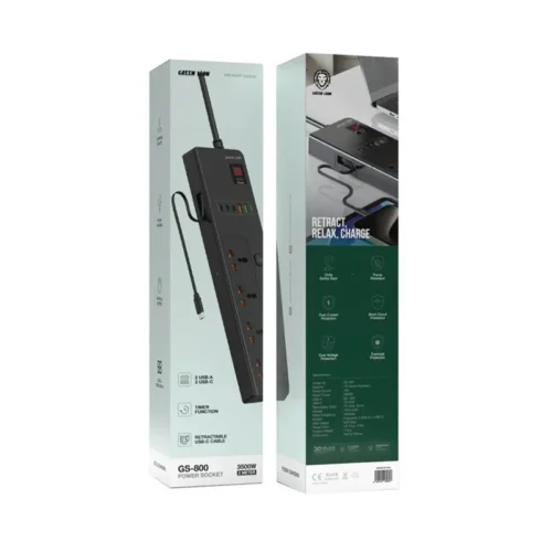 چند راهی 4 خانه گرین لاین GS-800 GNGS8PSKT2 با کابل 2 متری + شارژر USB و Type-C