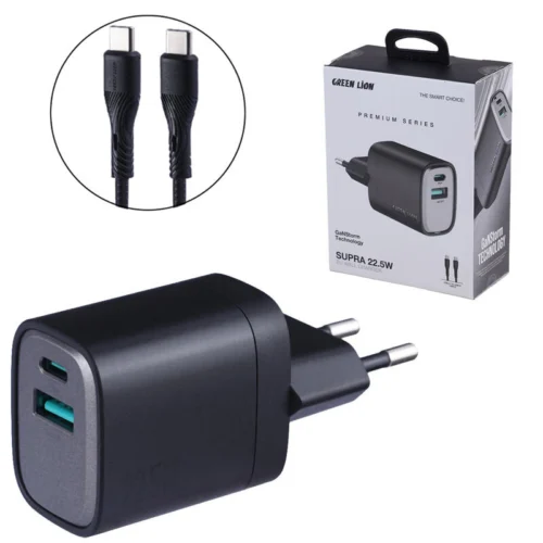 شارژر دیواری 22.5 وات گرین لاین Supra GL-WC34 GNG225EUTC GaN QC3.0 PD 3A + کابل تبدیل تایپ سی