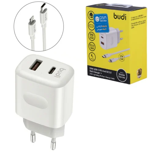 شارژر دیواری 30 وات بودی AC306ETLW QC3.0 PD 3A + کابل تبدیل آیفونی