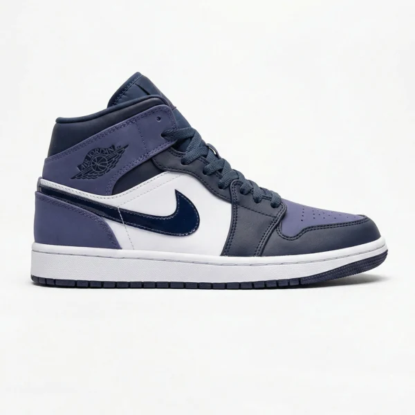 کفش جردن وان مید سرمه‌ای سفید بنفش Jordan 1 Mid Obsidian Sanded Purple 554724-445