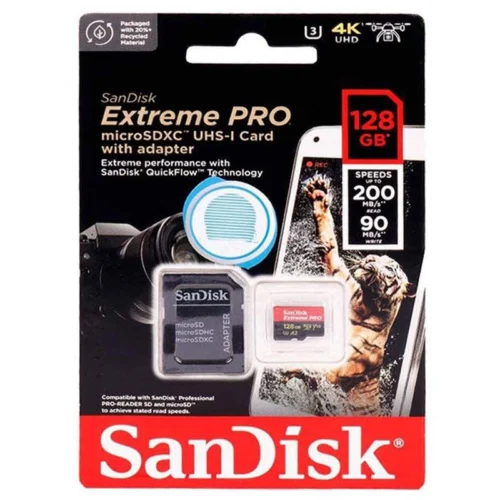 رم میکرو 128 گیگ سن دیسک SanDisk Extreme Pro V30 U3 A2 C10 200MB/s + خشاب