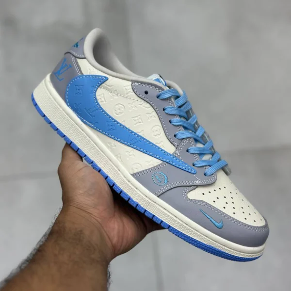 کفش نایک ایر جردن وان لو لویی ویتون کرم آبی آسمانی طوسی Nike Air Jordan 1 Low Louis Vuitton Cream Sky Blue Grey